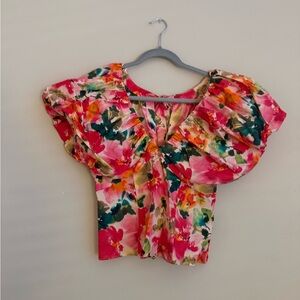 J. Crew Multicolor Floral Blouse with Puff Sleeves